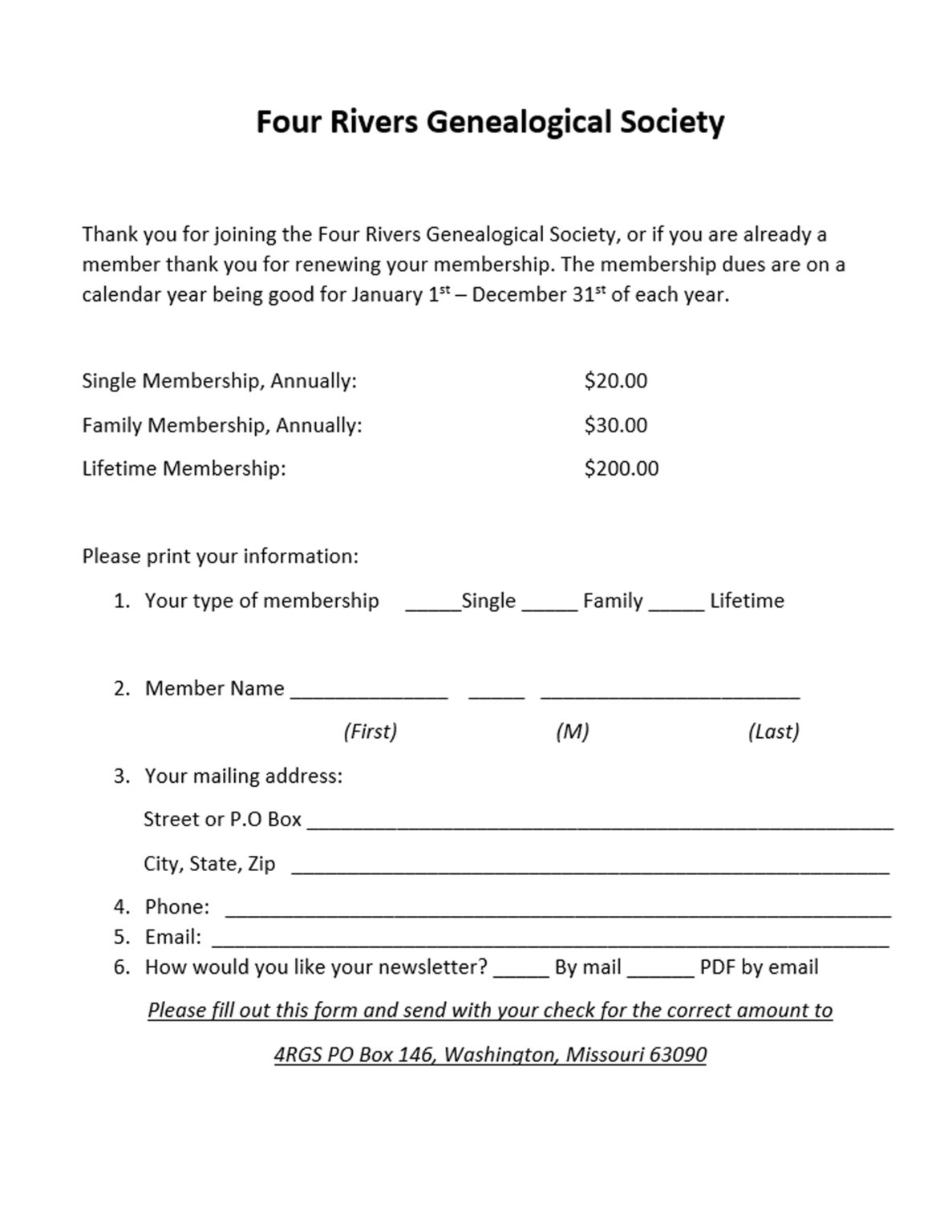 Printable Membership Form – Four Rivers Genealogical Society